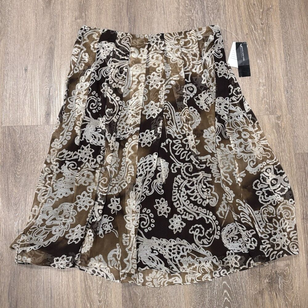 Jones New York Skirt Brown Silk Paisley Pleated Midi 16W NEW